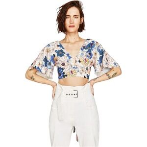 Zara Floral Tie Crop Top Blue Peach Print Flutter Sleeve Medium Blogger Fav